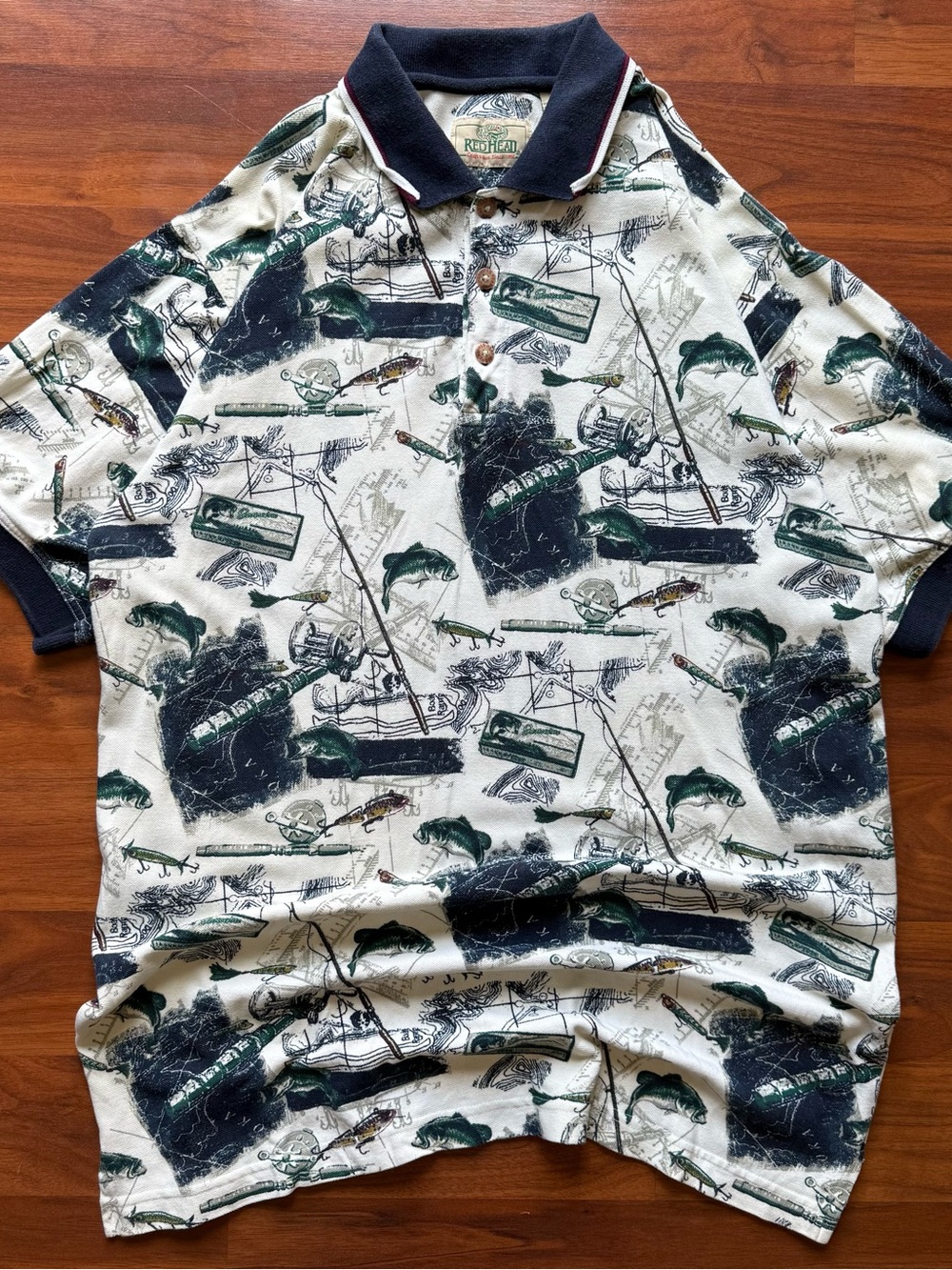 Vintage 90s RedHead fishing AOP polo shirt Large short sleeve Bass Pro Shops
